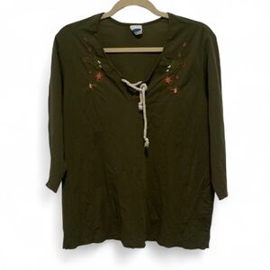Y2K M. Fasis Green Boho Floral Embroidery Blouse